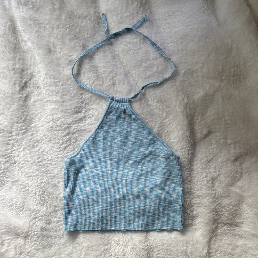 Kendall & Kylie Sky Blue and White Knit Halter Top